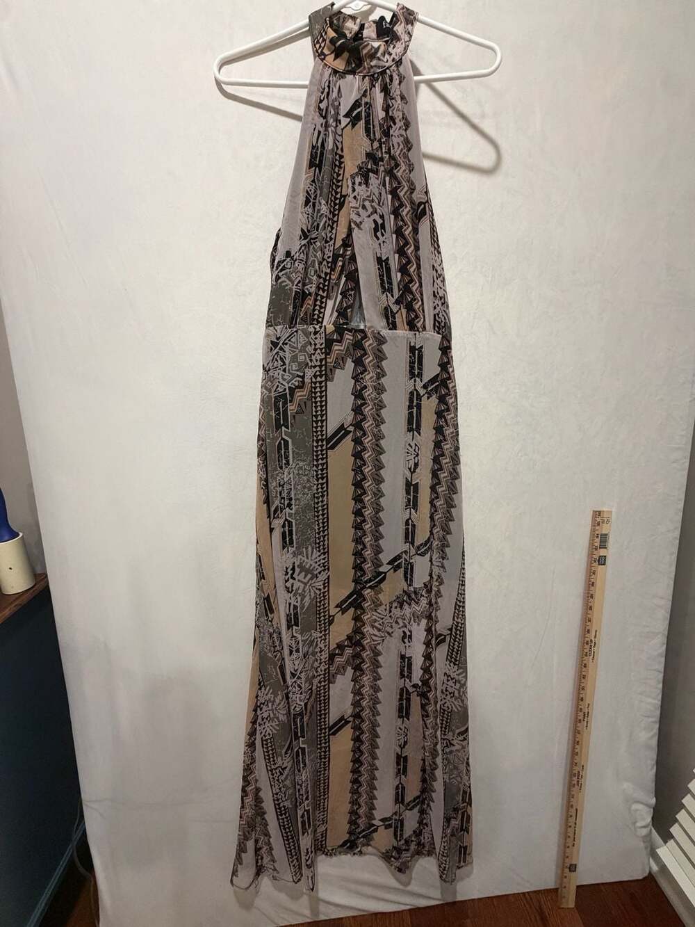 fab'rik Printed Halter Maxi Dress Beige and Black Geometric Print Large
